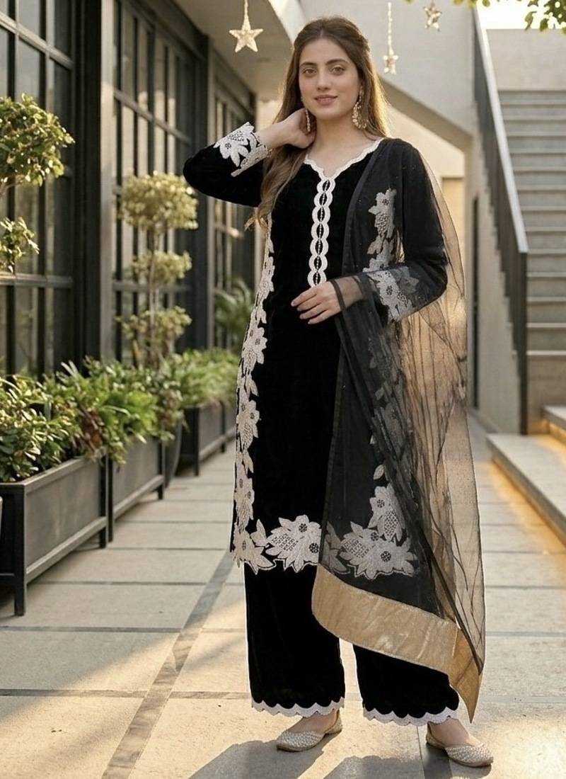 Black  silk  party wear embroidery  plazzo suit set