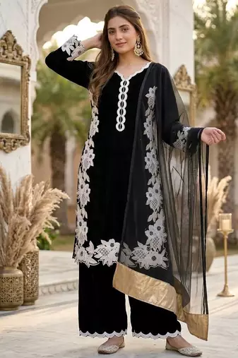 Black  silk  party wear embroidery  plazzo suit set