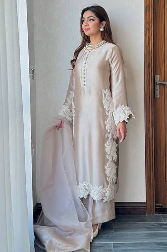 Cream  silk  party wear embroidery  plazzo suit set
