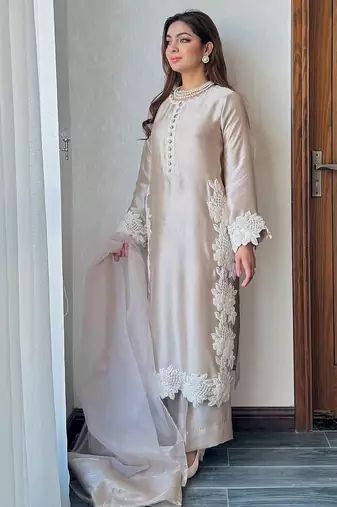 Cream  silk  party wear embroidery  plazzo suit set