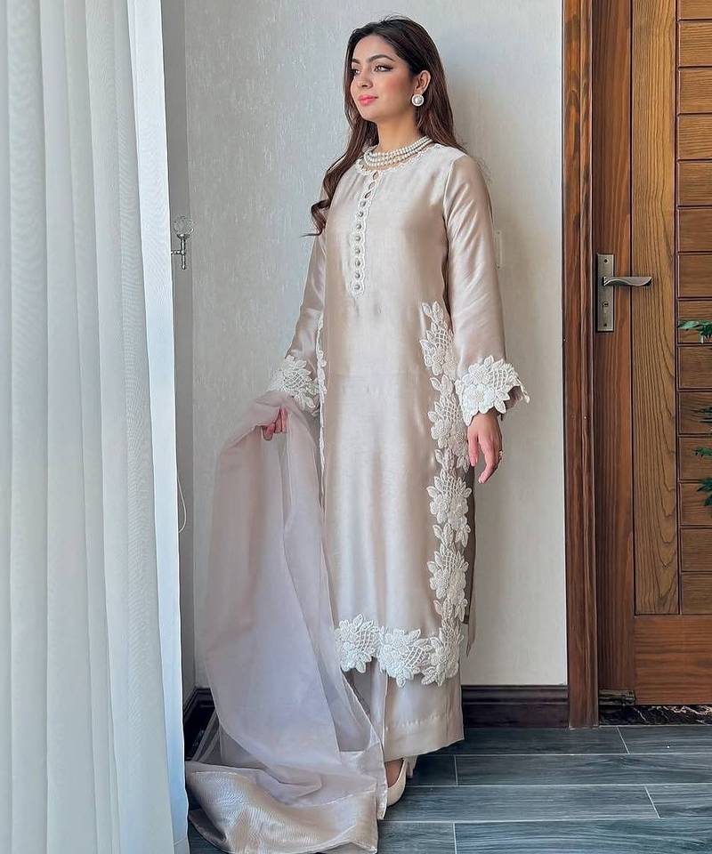 Cream  silk  party wear embroidery  plazzo suit set