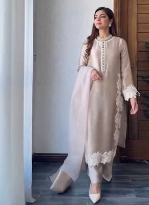 Cream  silk  party wear embroidery  plazzo suit set 2