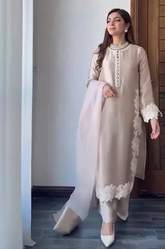 Cream  silk  party wear embroidery  plazzo suit set