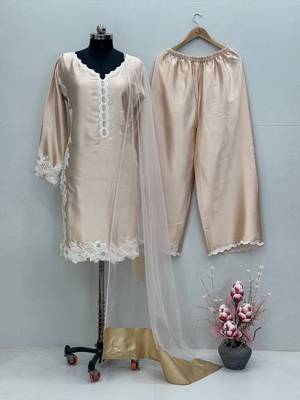Cream  silk  party wear embroidery  plazzo suit set 3