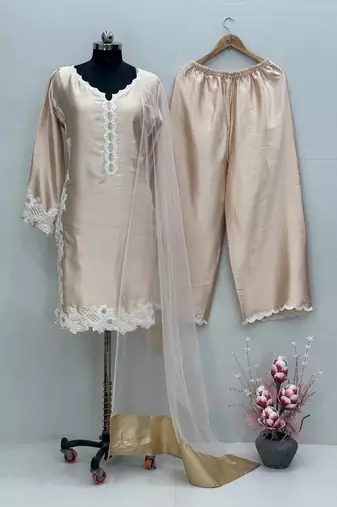 Cream  silk  party wear embroidery  plazzo suit set