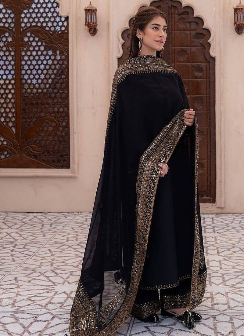 Black silk  party wear embroidery  pants suit set