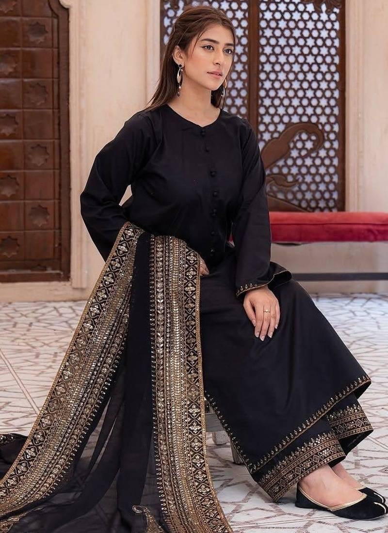 Black silk  party wear embroidery  pants suit set