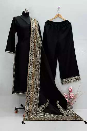 Black silk  party wear embroidery  pants suit set