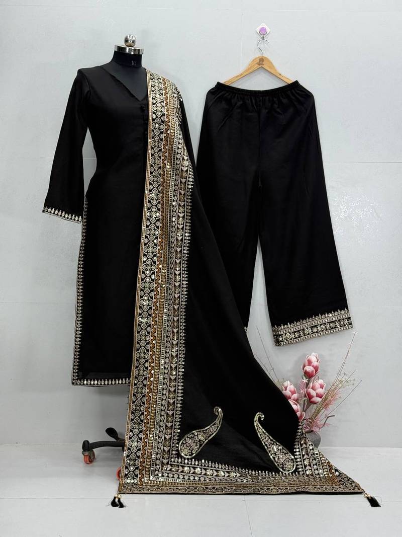 Black silk  party wear embroidery  pants suit set