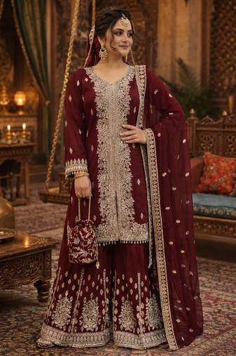 Maroon georgette  party wear embroidery sharara suit set