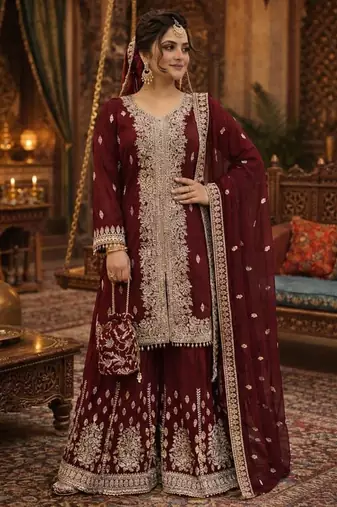 Maroon georgette  party wear embroidery sharara suit set