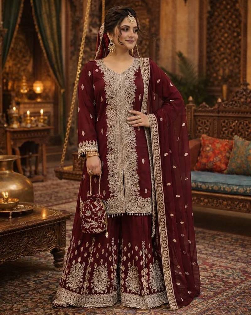 Maroon georgette  party wear embroidery sharara suit set