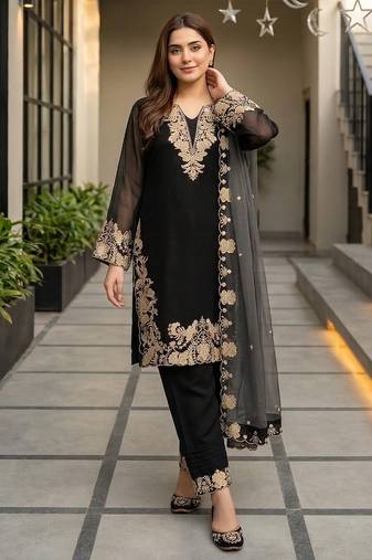Black georgette  party wear embroidery  suit set