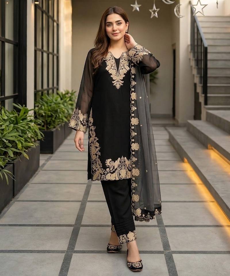 Black georgette  party wear embroidery  suit set