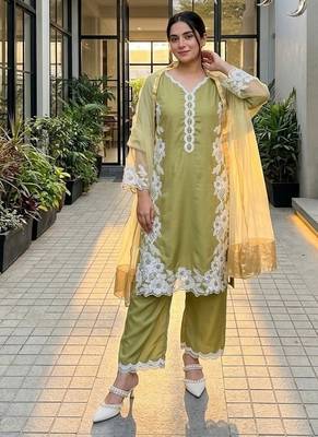 Mahendi  silk  party wear embroidery  plazzo suit set 1