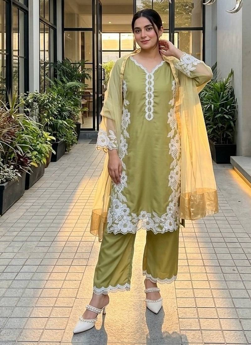 Mahendi  silk  party wear embroidery  plazzo suit set
