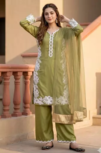 Mahendi  silk  party wear embroidery  plazzo suit set