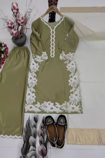 Mahendi  silk  party wear embroidery  plazzo suit set