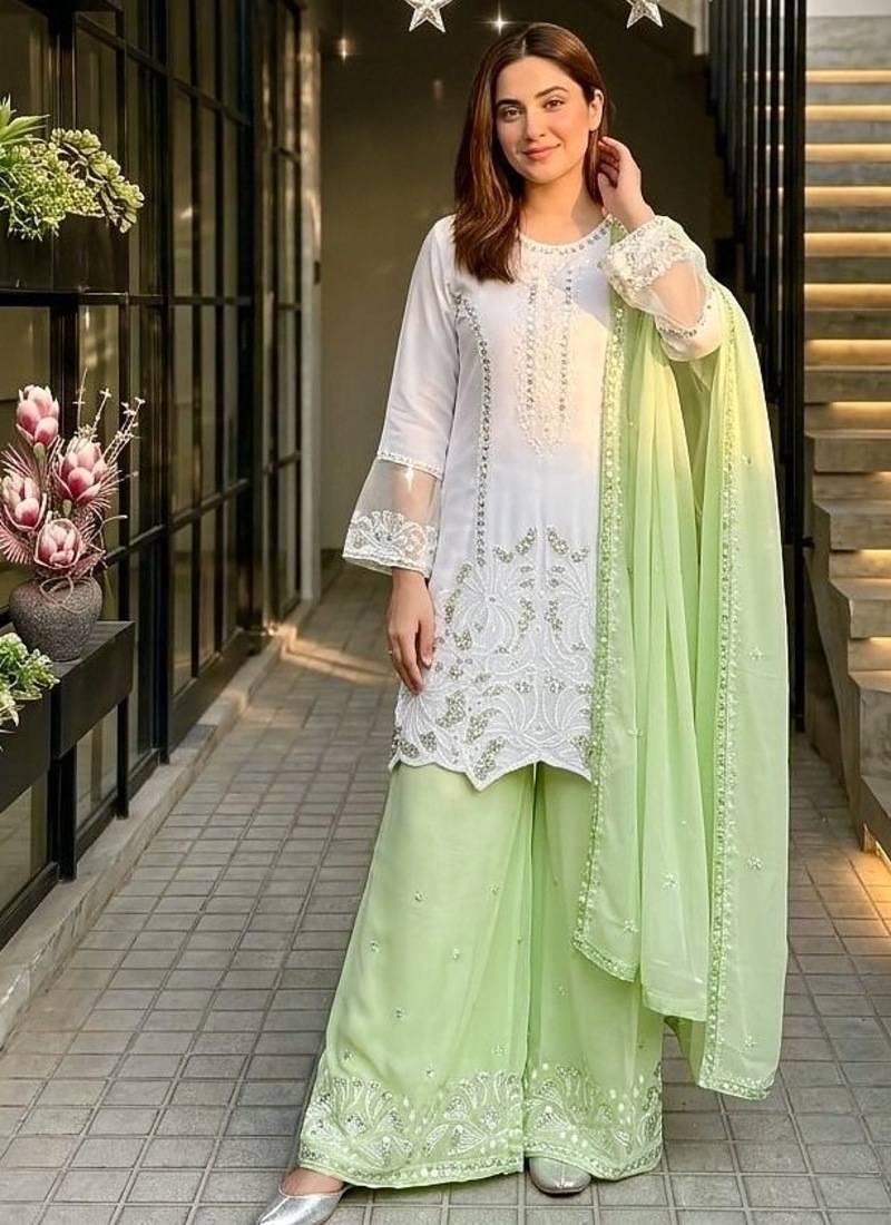 Lite green georgette  party wear embroidery suit set