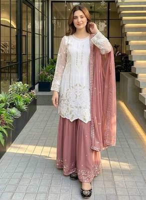 Peach georgette  party wear embroidery  suit set 1