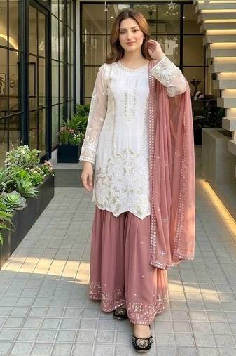 Peach georgette  party wear embroidery  suit set