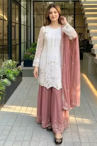 Peach georgette  party wear embroidery  suit set