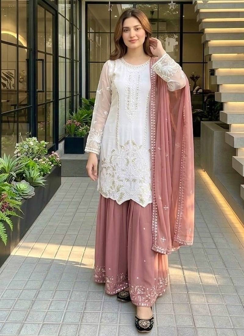 Peach georgette  party wear embroidery  suit set