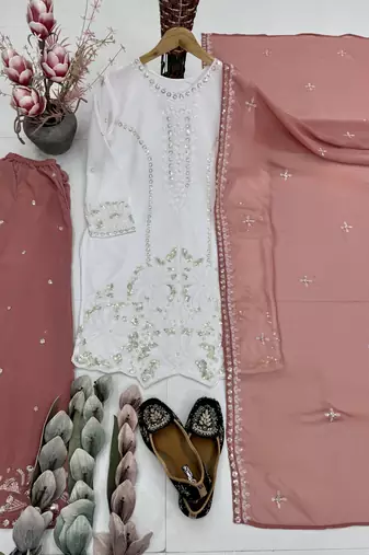 Peach georgette  party wear embroidery  suit set
