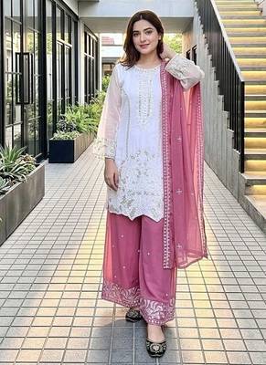Rani pink georgette  party wear embroidery  suit set 1