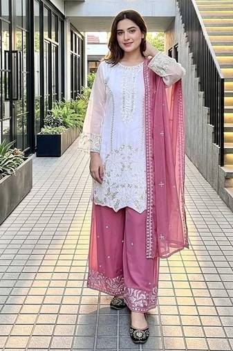 Rani pink georgette  party wear embroidery  suit set