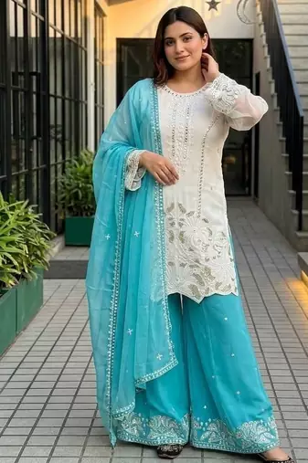 Sky blue georgette  party wear embroidery  suit set