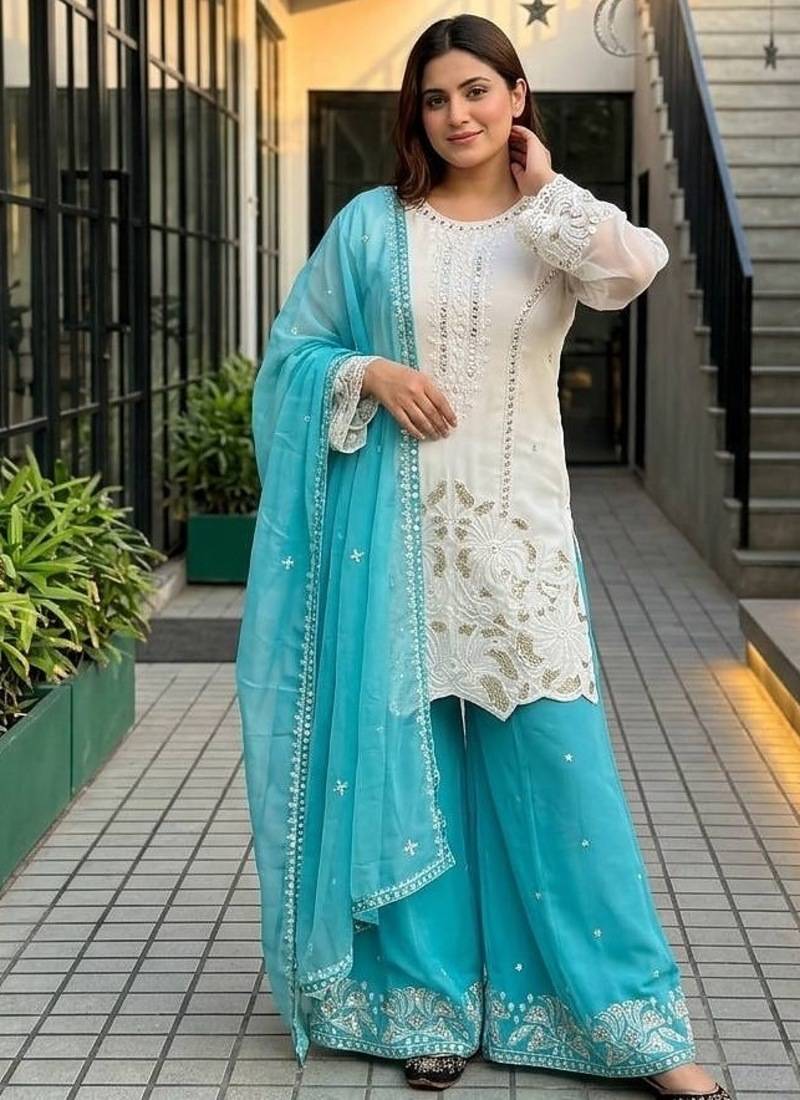 Sky blue georgette  party wear embroidery  suit set