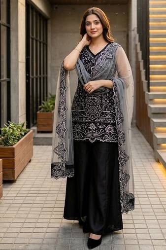 Black georgette  party wear embroidery  suit set