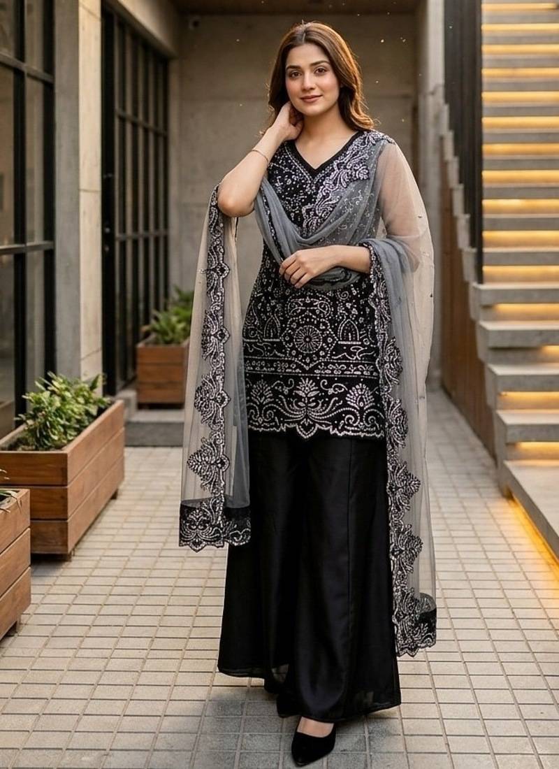 Black georgette  party wear embroidery  suit set