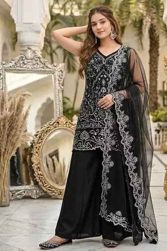 Black georgette  party wear embroidery  suit set