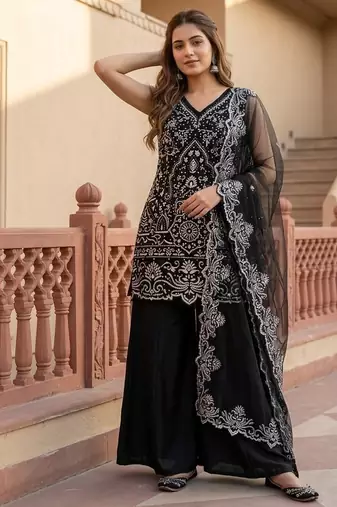 Black georgette  party wear embroidery  suit set