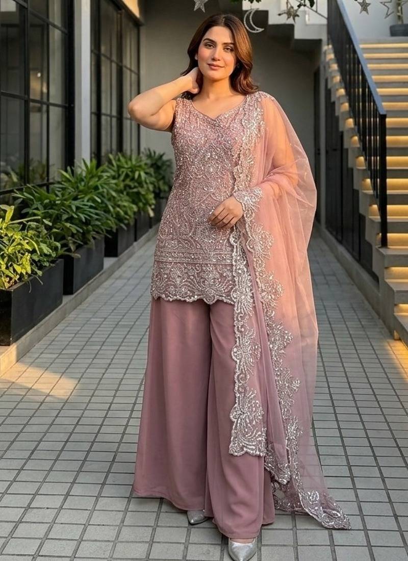Peach georgette  party wear embroidery  suit set