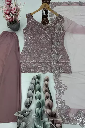 Peach georgette  party wear embroidery  suit set