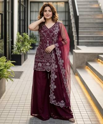 MAROON  georgette  party wear embroidery  suit set 1