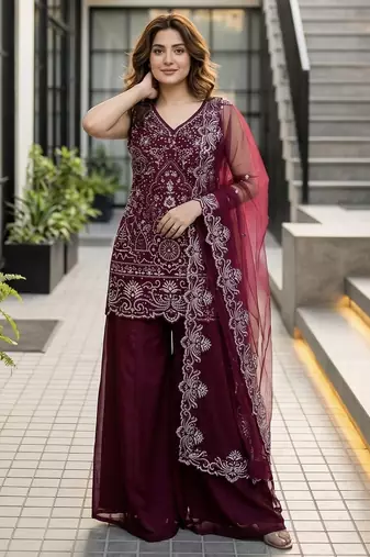 MAROON  georgette  party wear embroidery  suit set