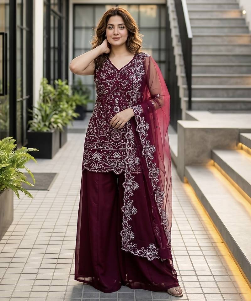 MAROON  georgette  party wear embroidery  suit set