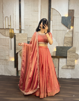 Womens Radiant Orange Hand-Embroidered Silk Lehenga Choli Set 1