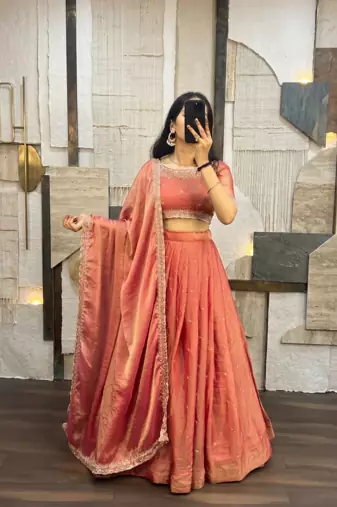 Womens Radiant Orange Hand-Embroidered Silk Lehenga Choli Set