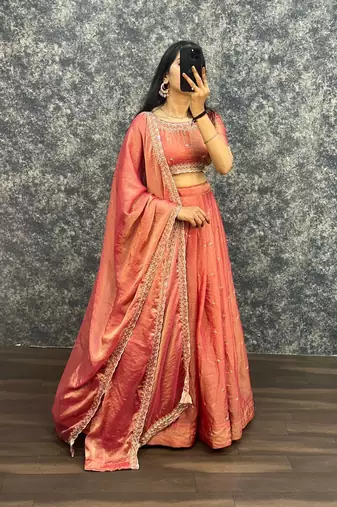 Womens New Trendy Radiant Orange Hand-Embroidered Silk Lehenga Choli Set
