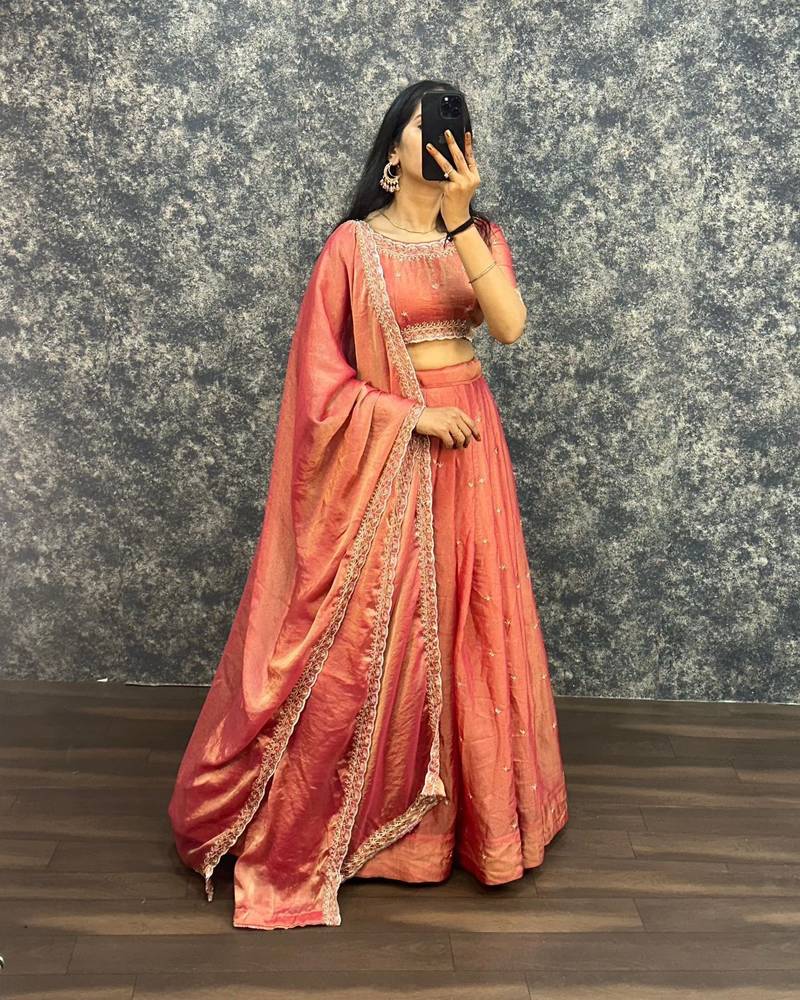 Womens New Trendy Radiant Orange Hand-Embroidered Silk Lehenga Choli Set