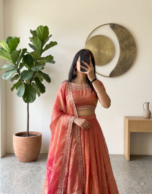 Womens Radiant Orange Hand-Embroidered Silk Lehenga Choli Set 2