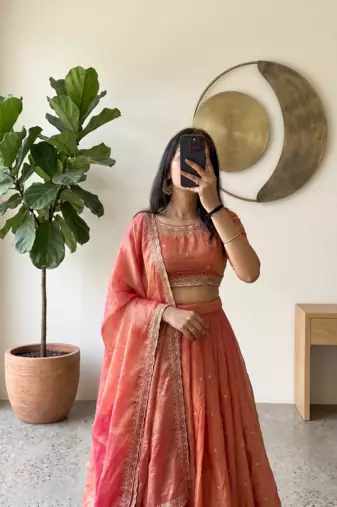 Womens Radiant Orange Hand-Embroidered Silk Lehenga Choli Set