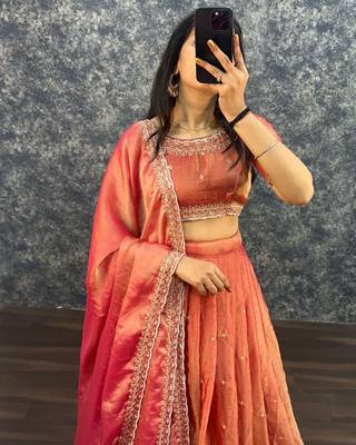 Womens Radiant Orange Hand-Embroidered Silk Lehenga Choli Set 2