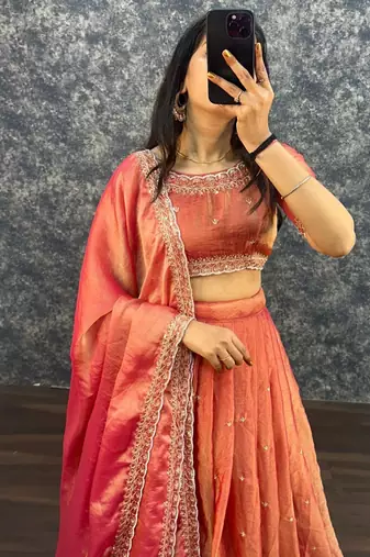 Womens Radiant Orange Hand-Embroidered Silk Lehenga Choli Set