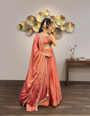 Womens Radiant Orange Hand-Embroidered Silk Lehenga Choli Set 3